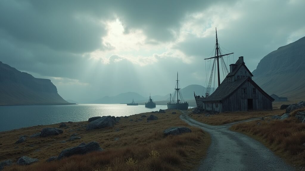 Viking hajók és régi házak Harstad partján, Norvégiában