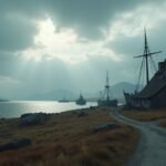 Viking hajók és régi házak Harstad partján, Norvégiában