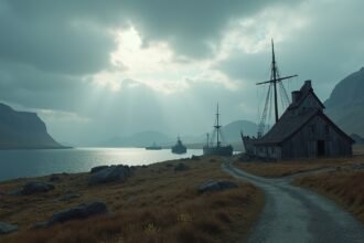 Viking hajók és régi házak Harstad partján, Norvégiában