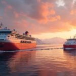 Hurtigruten és gyorshajók naplementében Harstad közelében
