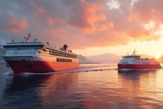 Hurtigruten és gyorshajók naplementében Harstad közelében