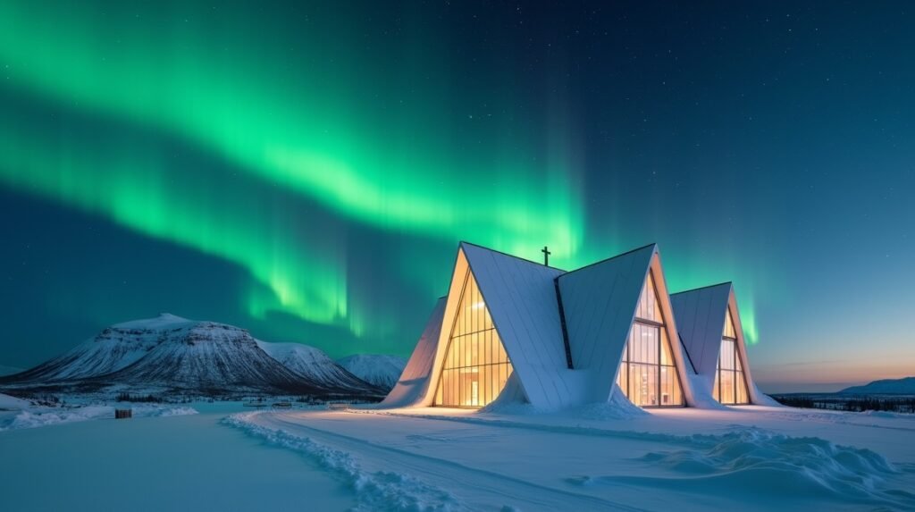 Északi Fény Katedrális éjjel, varázslatos zöld aurora borealis alatt, Alta, Norvégia