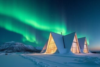 Északi Fény Katedrális éjjel, varázslatos zöld aurora borealis alatt, Alta, Norvégia