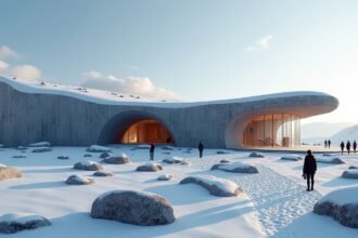 Az Alta Múzeum modern épülete a hóval borított tájon Észak-Norvégiában