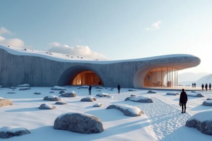 Az Alta Múzeum modern épülete a hóval borított tájon Észak-Norvégiában