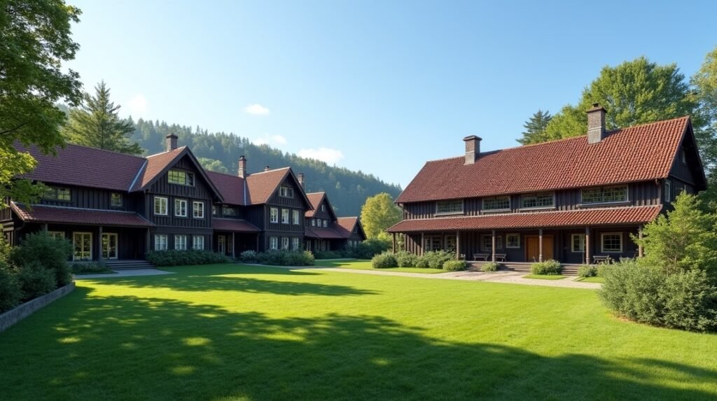 Sverresborg Néprajzi Múzeum házai Trondheimban, Norvégiában.