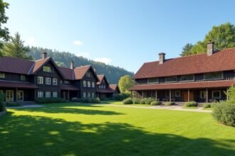 Sverresborg Néprajzi Múzeum házai Trondheimban, Norvégiában.