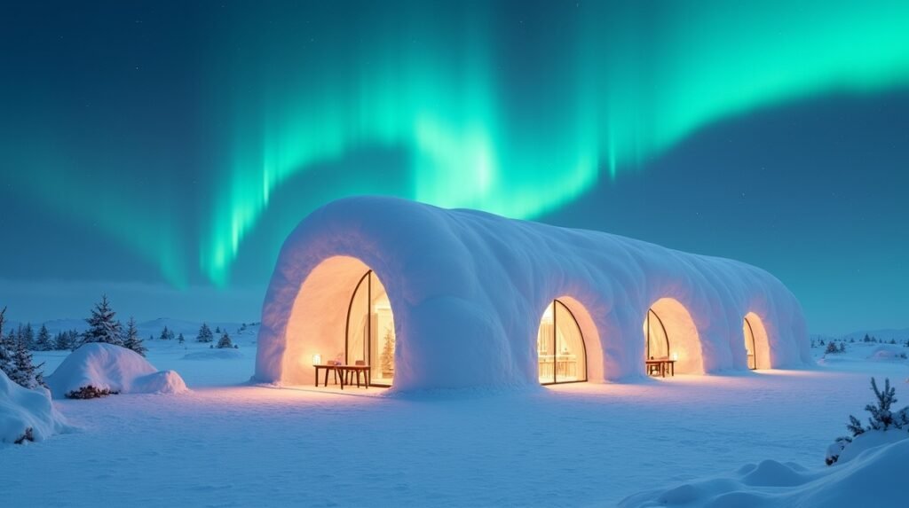 Sorrisniva Igloo Hotel varázslatos külseje az északi fény alatt