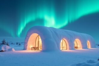 Sorrisniva Igloo Hotel varázslatos külseje az északi fény alatt