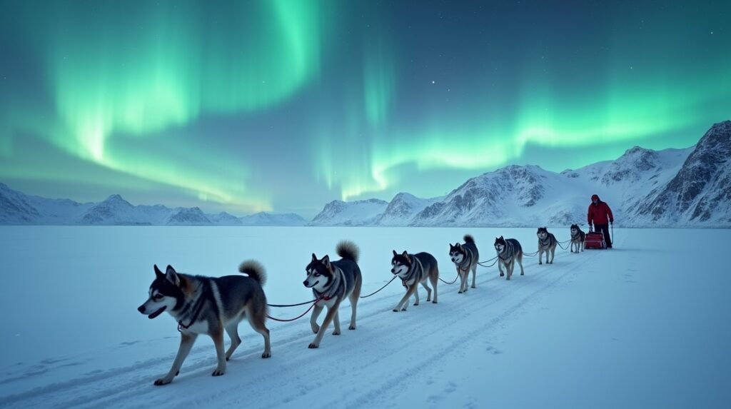 Kutyaszános túra sarki fény alatt a Finnmarki fennsíkon.