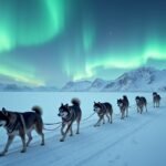 Kutyaszános túra sarki fény alatt a Finnmarki fennsíkon.