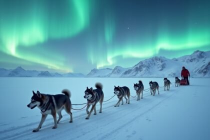 Kutyaszános túra sarki fény alatt a Finnmarki fennsíkon.