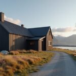 Fekete faház Kåfjordban, lenyűgöző fjordi tájjal körülvéve