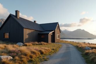 Fekete faház Kåfjordban, lenyűgöző fjordi tájjal körülvéve