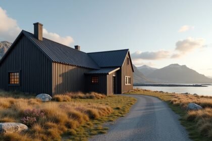 Fekete faház Kåfjordban, lenyűgöző fjordi tájjal körülvéve