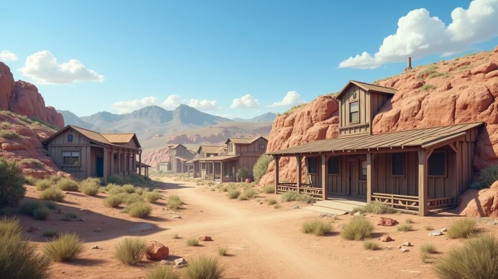 Hagyományos fa kunyhók egy elképzelt vadnyugati tájon