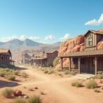 Hagyományos fa kunyhók egy elképzelt vadnyugati tájon