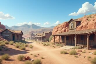 Hagyományos fa kunyhók egy elképzelt vadnyugati tájon