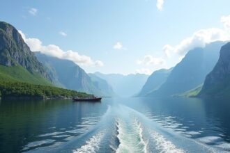 Fjordok és hegyek a Seiland Nemzeti Park közelében, Norvégiában.