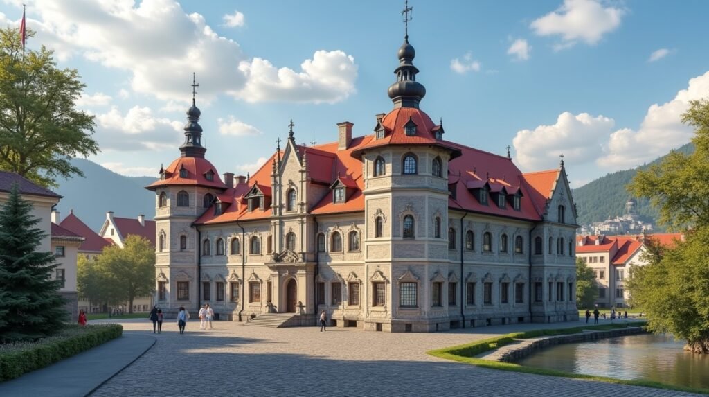 Püspöki Palota Trondheim városában, Norvégiában, gyönyörű tájjal.