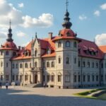 Püspöki Palota Trondheim városában, Norvégiában, gyönyörű tájjal.