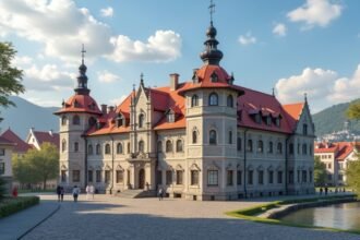 Püspöki Palota Trondheim városában, Norvégiában, gyönyörű tájjal.