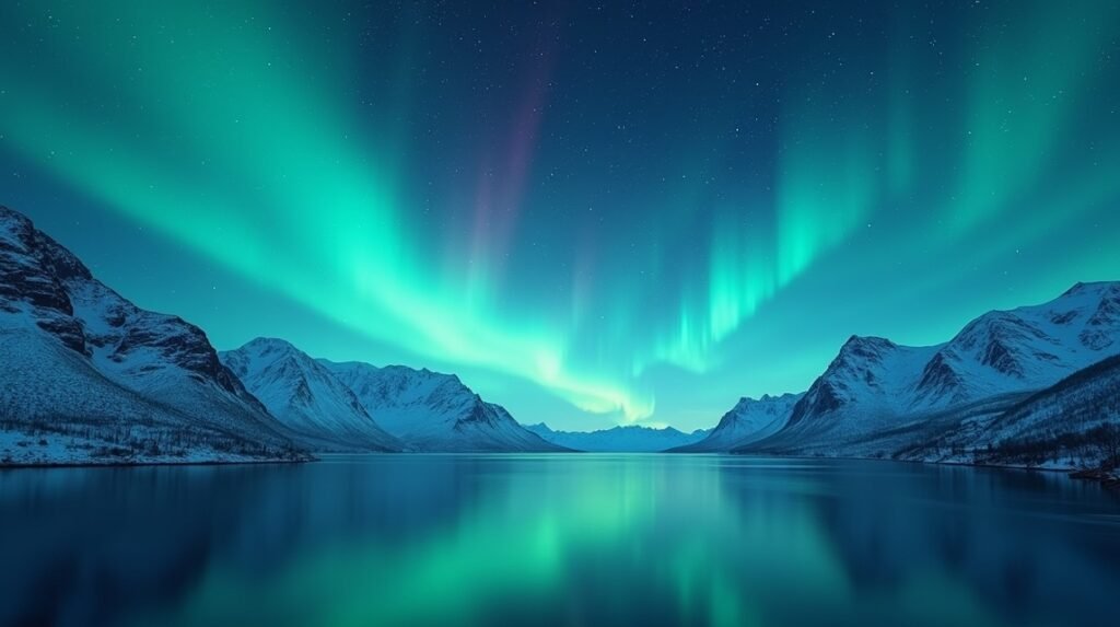 Északi fény tánc Norvégiában, Alta városának fjordja felett