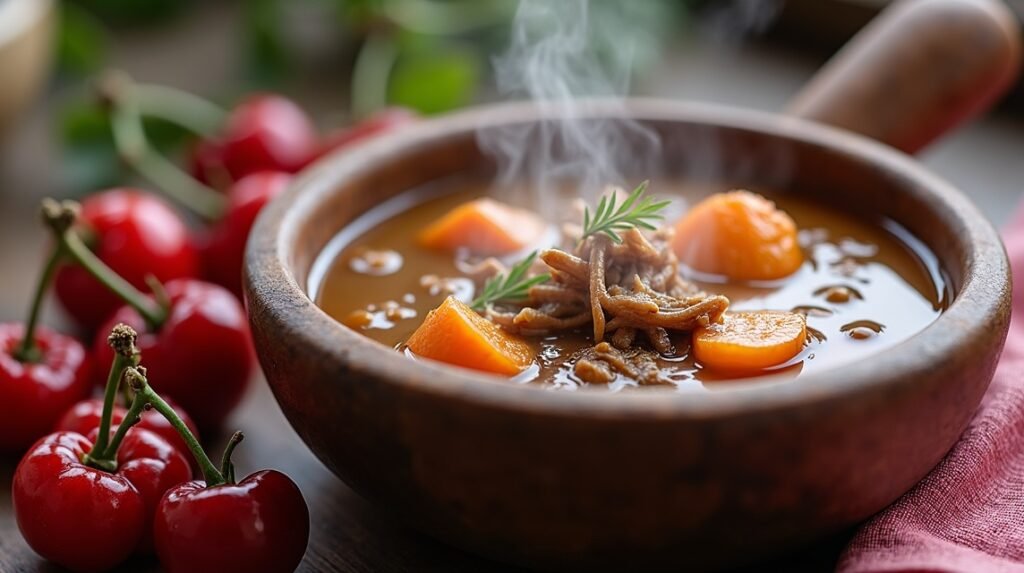 Füstös bidos (rénszarvasleves) friss bogyókkal egy tálban