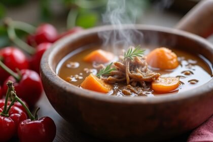 Füstös bidos (rénszarvasleves) friss bogyókkal egy tálban