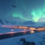 Alta repülőtér éjszakai fényekben és északi fény alatt, Norvégiában.