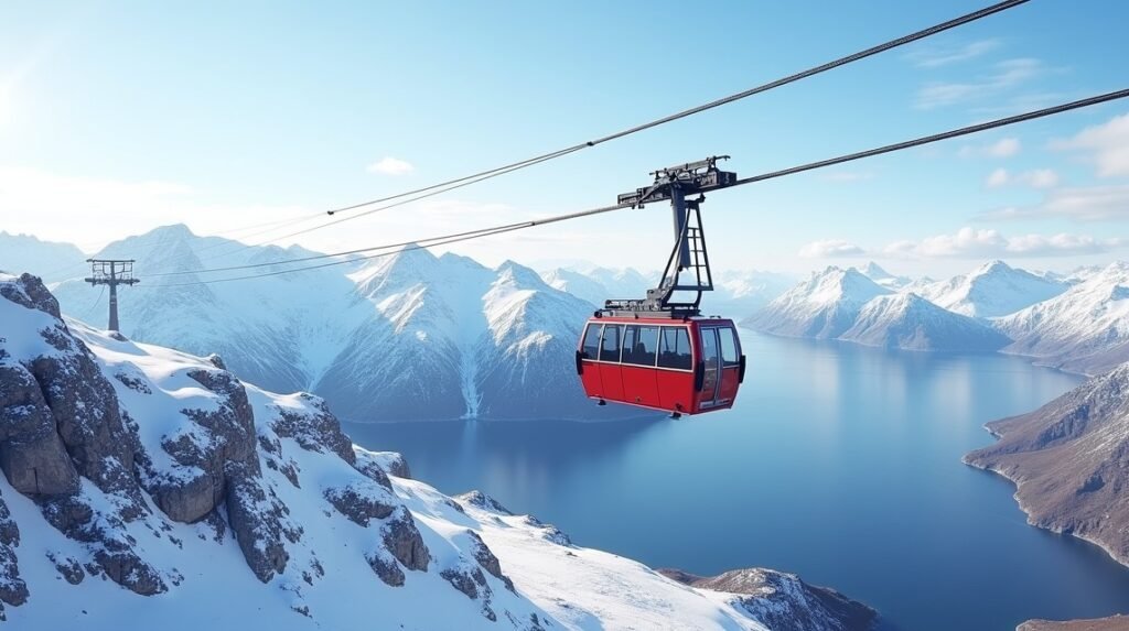 Narvikfjellet felvonó a hófödte hegyek felett Norvégiában.