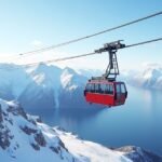 Narvikfjellet felvonó a hófödte hegyek felett Norvégiában.