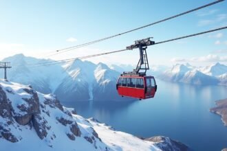 Narvikfjellet felvonó a hófödte hegyek felett Norvégiában.