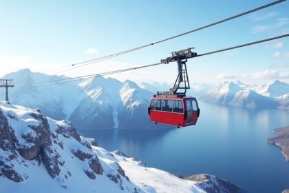 Narvikfjellet felvonó a hófödte hegyek felett Norvégiában.