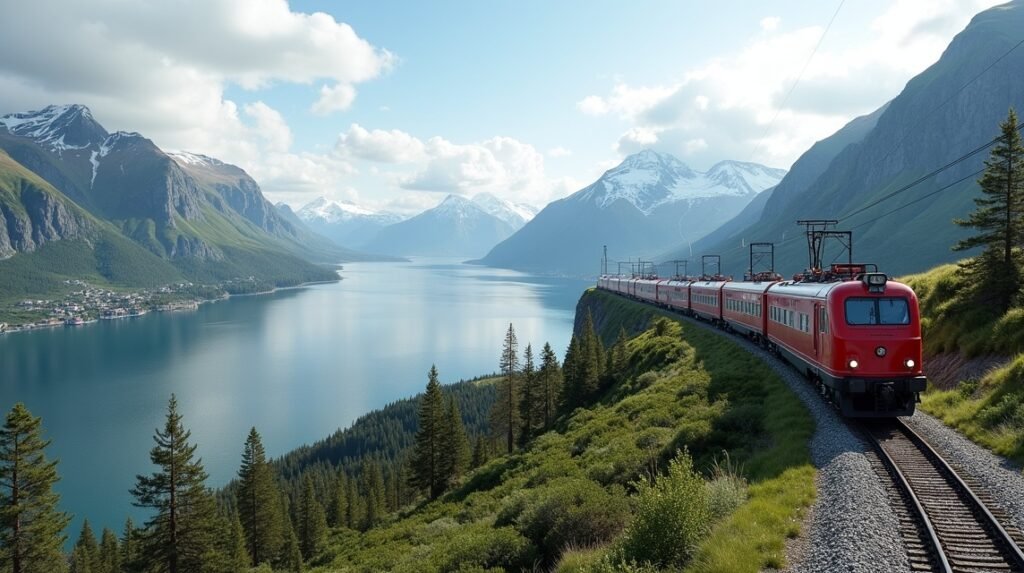 Ofotbanen vonat a gyönyörű fjord mellett Narvik közelében, Norvégiában.