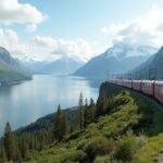 Ofotbanen vonat a gyönyörű fjord mellett Narvik közelében, Norvégiában.