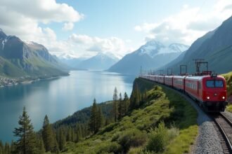 Ofotbanen vonat a gyönyörű fjord mellett Narvik közelében, Norvégiában.