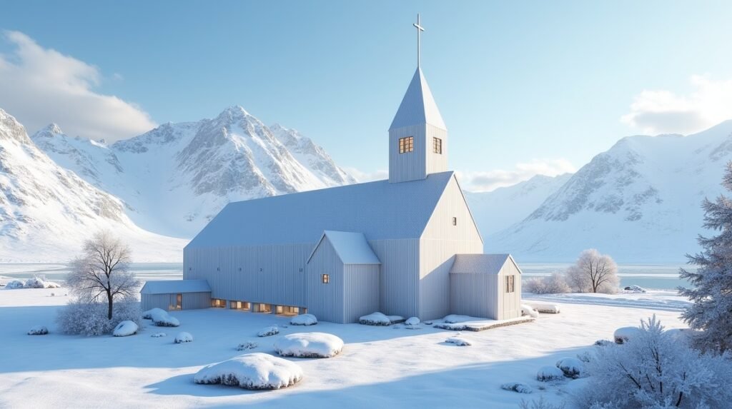 Narvik templom télen a fjord mellett, csodás tájban.