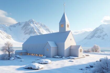 Narvik templom télen a fjord mellett, csodás tájban.