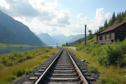 Rombaksveien történelmi úton vezető vasúti sín Narvik közelében.