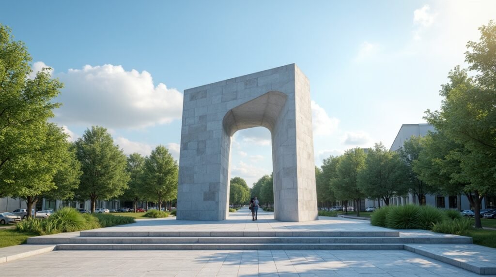 A Béke emlékműve Narvik főterén, zöld fák között áll.