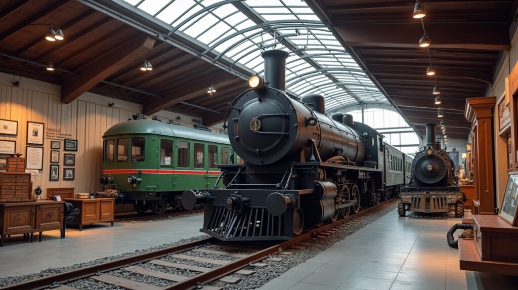 Narvik Múzeum belső tere, eredeti mozdonyokkal és vasúttörténeti kiállításokkal