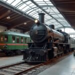 Narvik Múzeum belső tere, eredeti mozdonyokkal és vasúttörténeti kiállításokkal