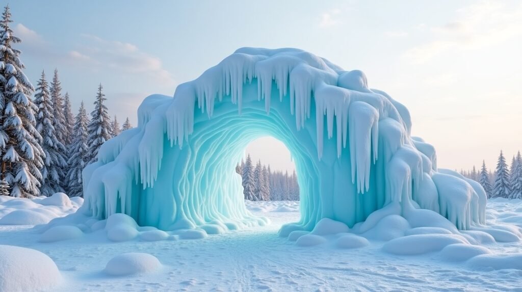 Mesés jégszobor Narvik parkjában, télen hódító jég formákban.