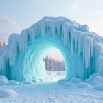 Mesés jégszobor Narvik parkjában, télen hódító jég formákban.