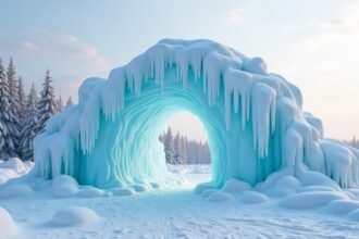 Mesés jégszobor Narvik parkjában, télen hódító jég formákban.