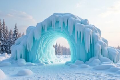 Mesés jégszobor Narvik parkjában, télen hódító jég formákban.