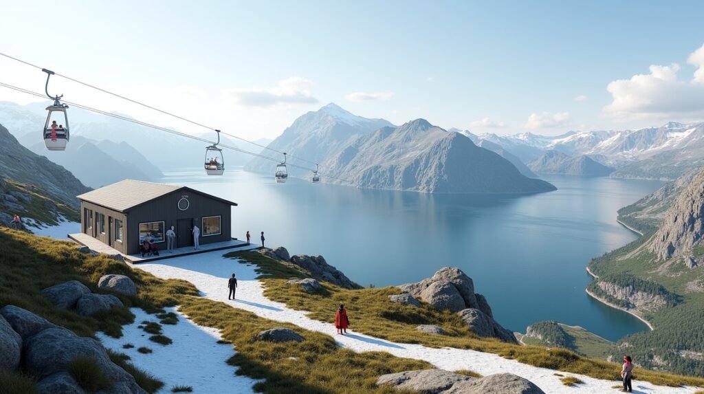 Narvik felvonó felső állomása lélegzetelállító panorámával az Ofotfjordra