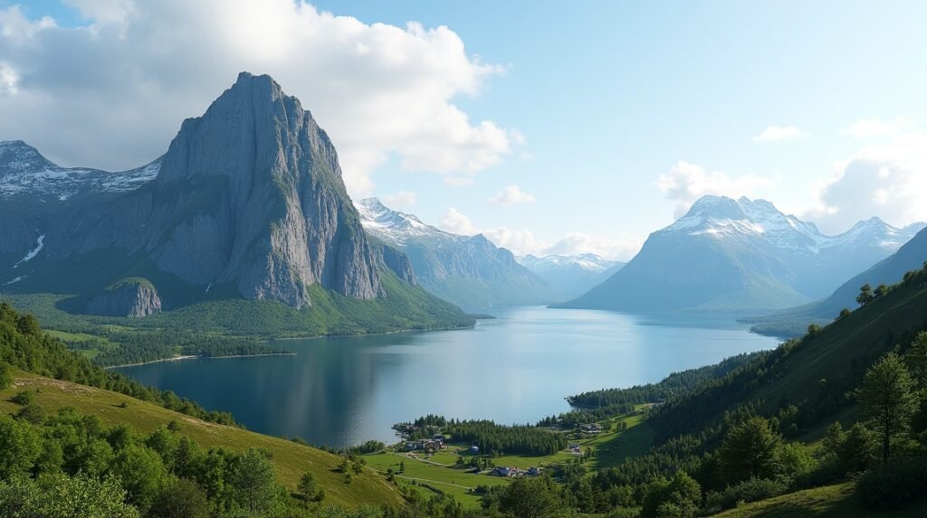 Stetind, Norvégia nemzeti hegye látképe a fjord mellett.