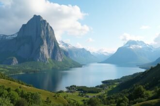 Stetind, Norvégia nemzeti hegye látképe a fjord mellett.